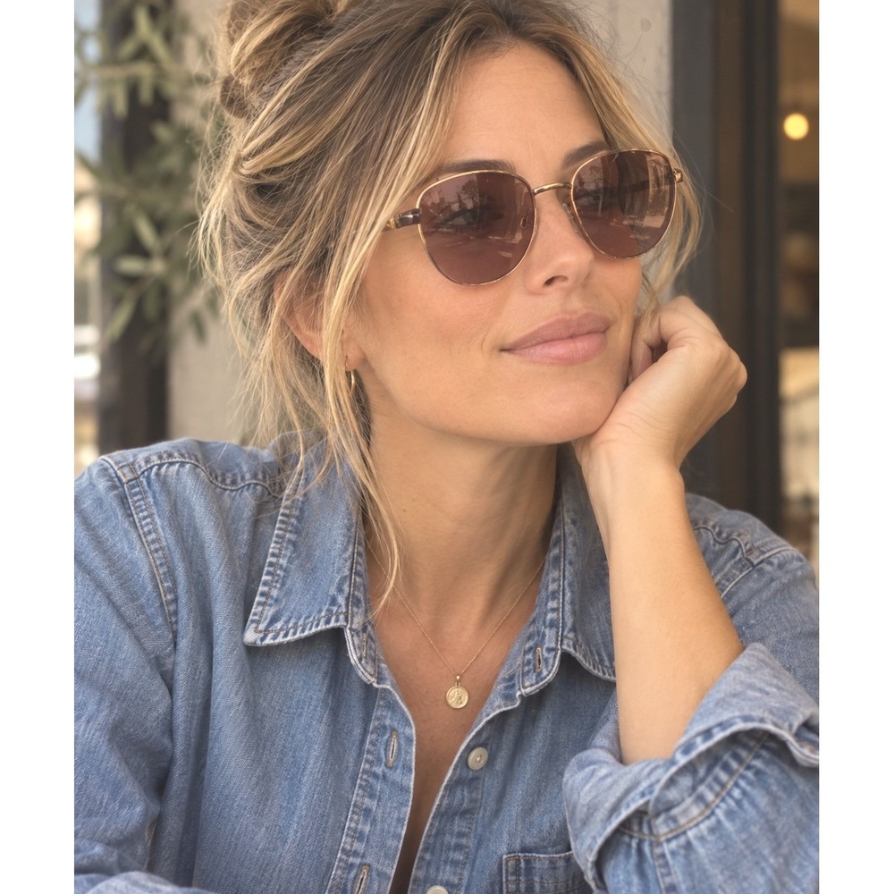 Foster Grant goldtone with brown lens sunglasses worn gently fall outerwear
